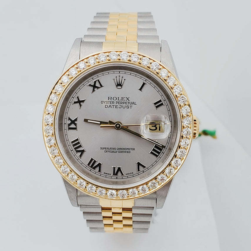 1997 Men's Rolex 36mm DateJust Two Tone 18K Gold / Stainless Steel Watch with Silver Dial and 2CT Diamond Bezel. (UNWORN 16233)