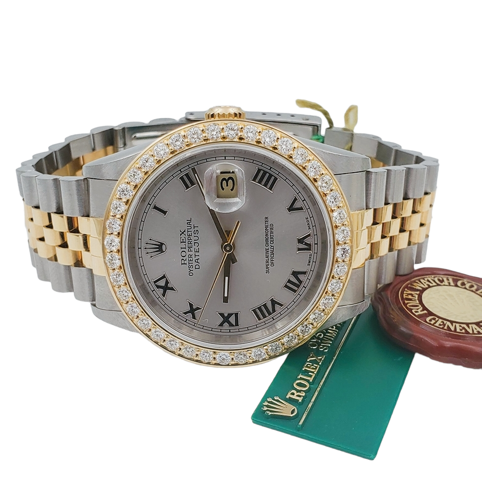 1997 Men's Rolex 36mm DateJust Two Tone 18K Gold / Stainless Steel Watch with Silver Dial and 2CT Diamond Bezel. (UNWORN 16233)