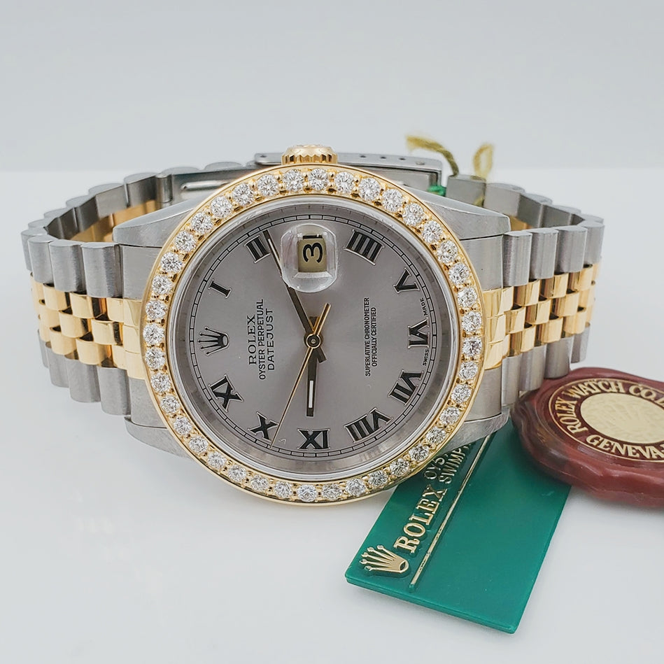 1997 Men's Rolex 36mm DateJust Two Tone 18K Gold / Stainless Steel Watch with Silver Dial and 2CT Diamond Bezel. (UNWORN 16233)