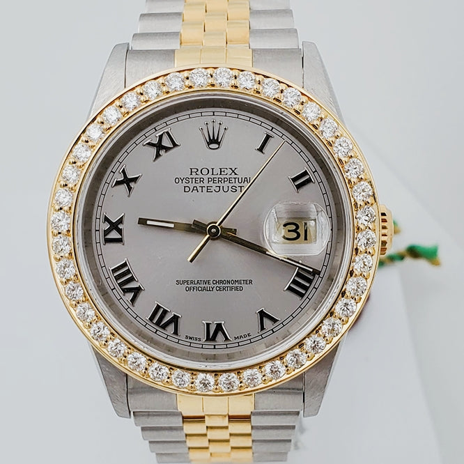1997 Men's Rolex 36mm DateJust Two Tone 18K Gold / Stainless Steel Watch with Silver Dial and 2CT Diamond Bezel. (UNWORN 16233)