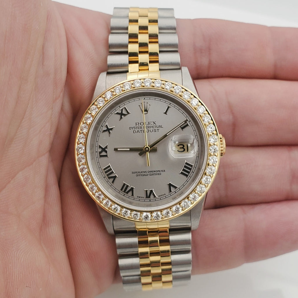 1997 Men's Rolex 36mm DateJust Two Tone 18K Gold / Stainless Steel Watch with Silver Dial and 2CT Diamond Bezel. (UNWORN 16233)