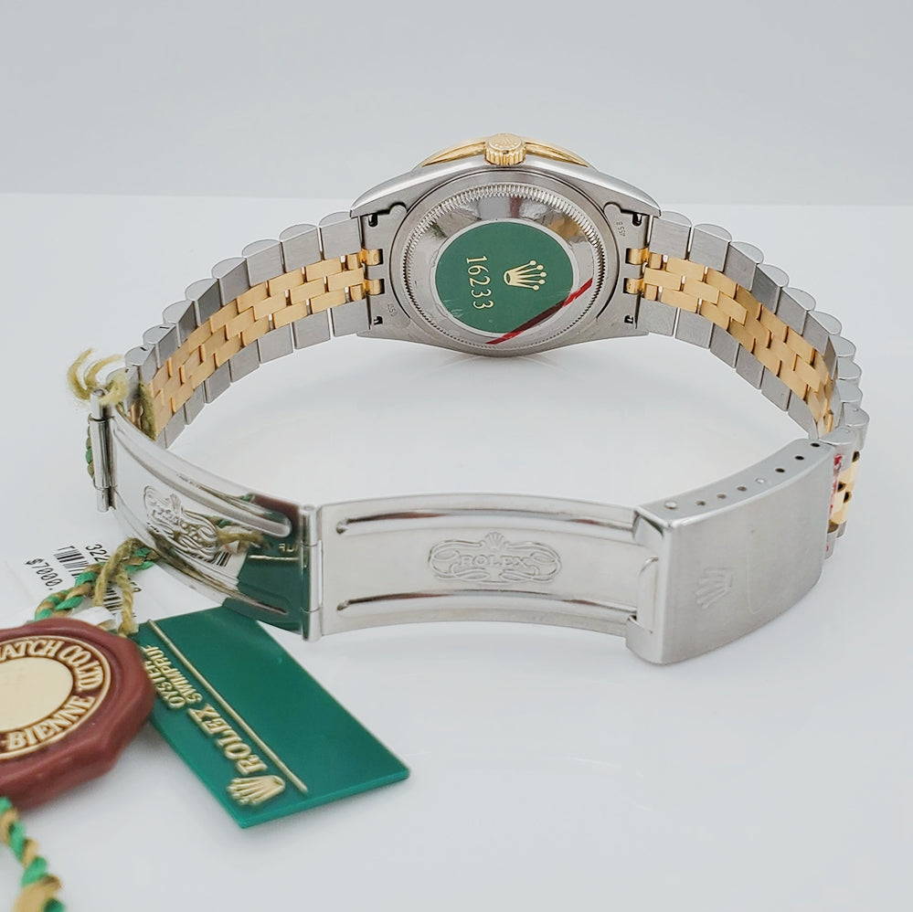 1997 Men's Rolex 36mm DateJust Two Tone 18K Gold / Stainless Steel Watch with Silver Dial and 2CT Diamond Bezel. (UNWORN 16233)