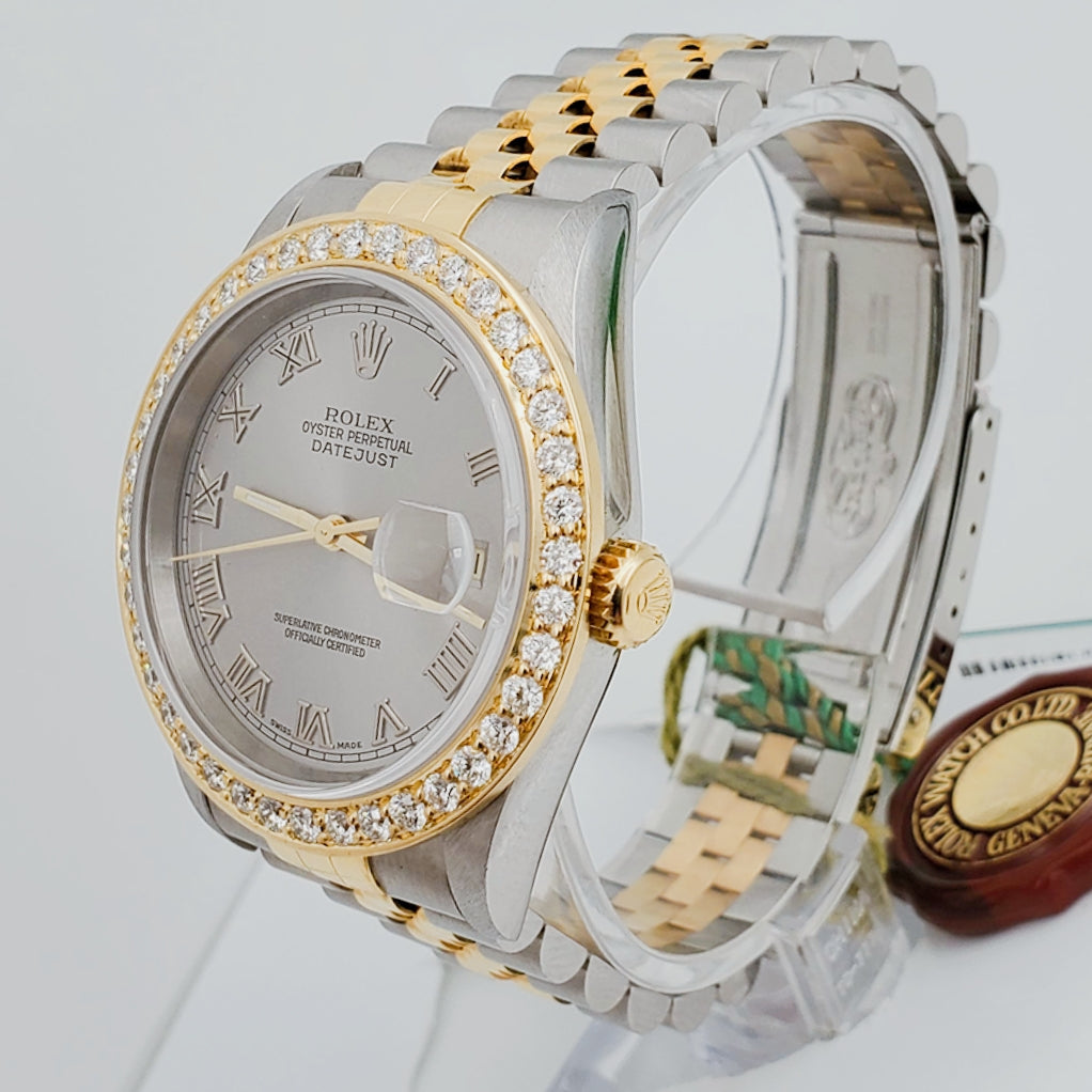 1997 Men's Rolex 36mm DateJust Two Tone 18K Gold / Stainless Steel Watch with Silver Dial and 2CT Diamond Bezel. (UNWORN 16233)