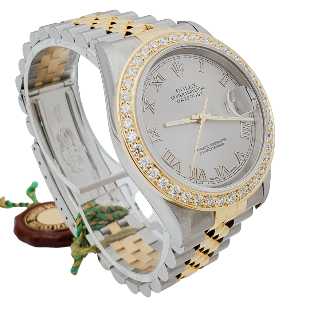 1997 Men's Rolex 36mm DateJust Two Tone 18K Gold / Stainless Steel Watch with Silver Dial and 2CT Diamond Bezel. (UNWORN 16233)