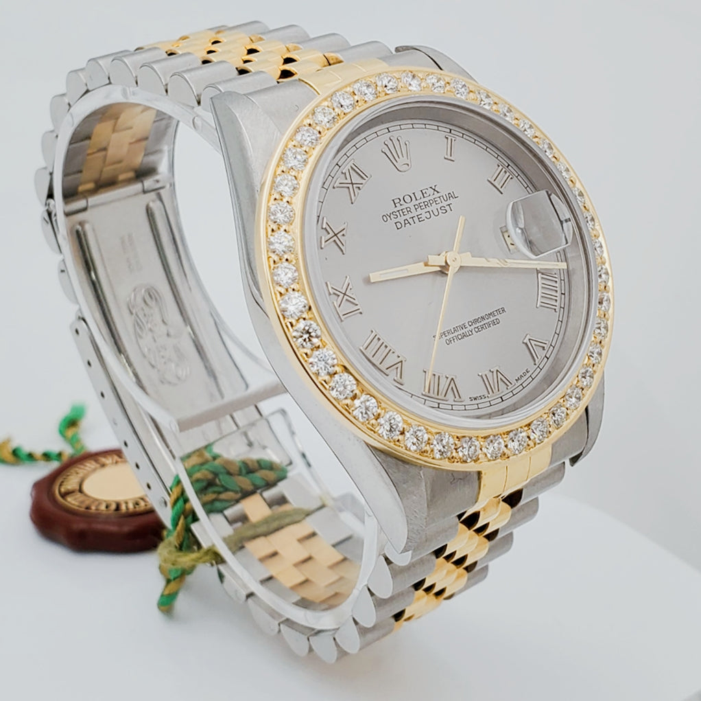 1997 Men's Rolex 36mm DateJust Two Tone 18K Gold / Stainless Steel Watch with Silver Dial and 2CT Diamond Bezel. (UNWORN 16233)