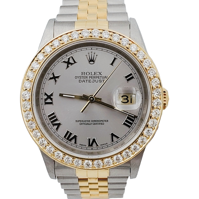 1997 Men's Rolex 36mm DateJust Two Tone 18K Gold / Stainless Steel Watch with Silver Dial and 2CT Diamond Bezel. (UNWORN 16233)