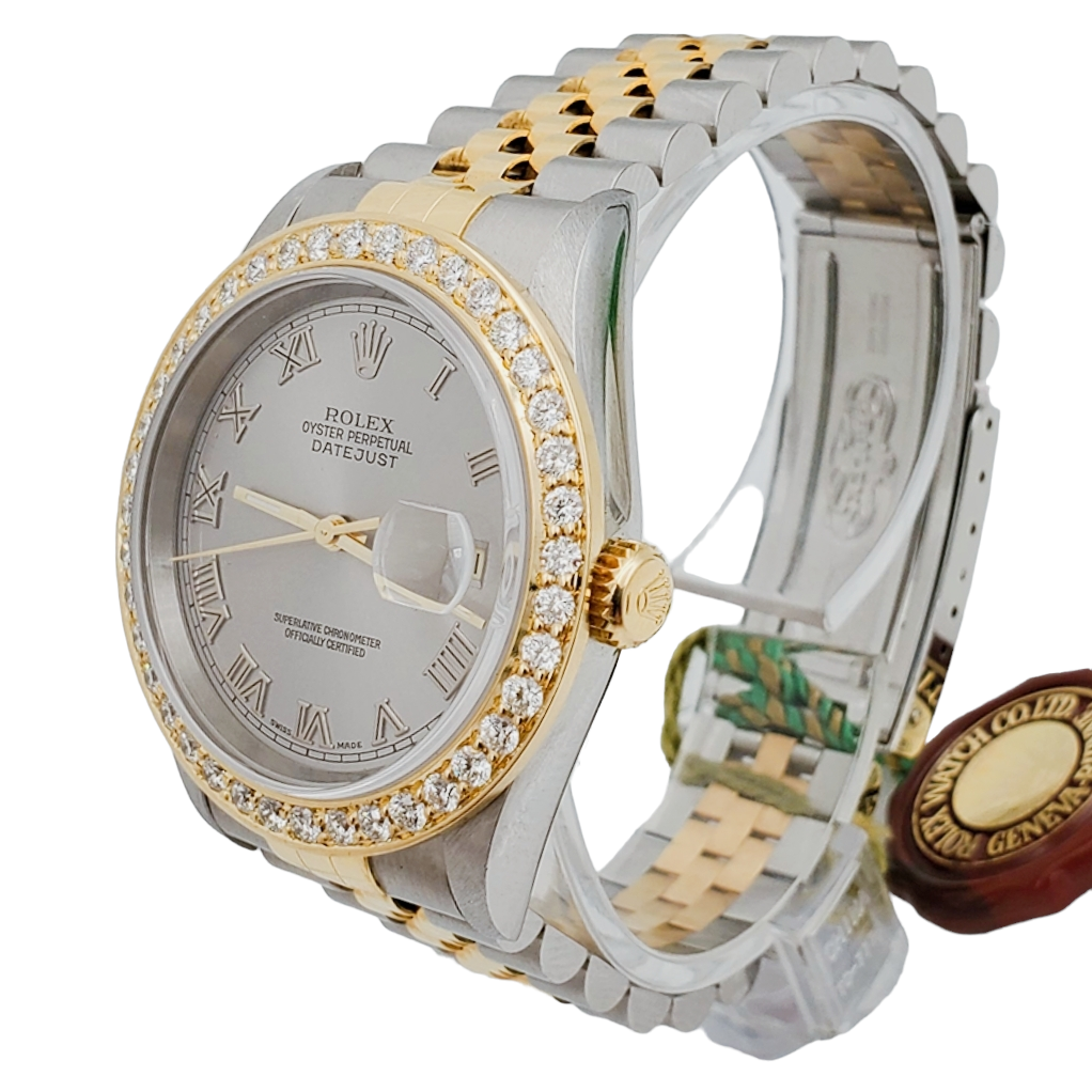 1997 Men's Rolex 36mm DateJust Two Tone 18K Gold / Stainless Steel Watch with Silver Dial and 2CT Diamond Bezel. (UNWORN 16233)
