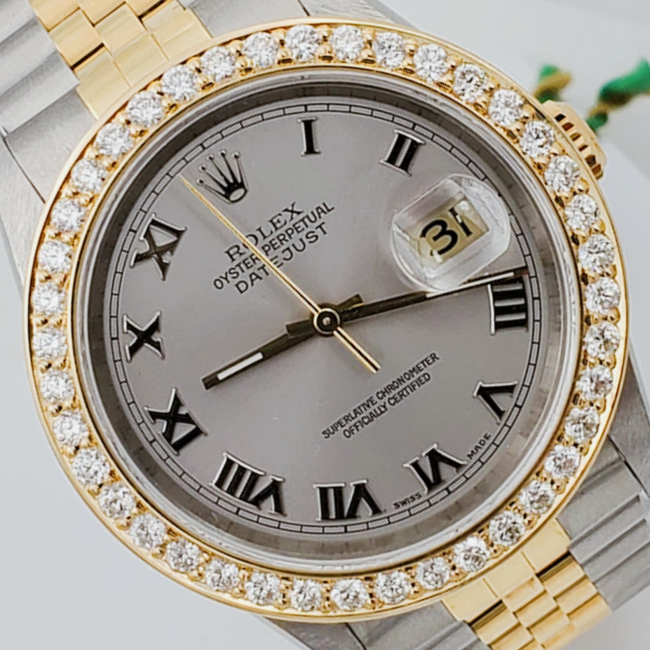 1997 Men's Rolex 36mm DateJust Two Tone 18K Gold / Stainless Steel Watch with Silver Dial and 2CT Diamond Bezel. (UNWORN 16233)