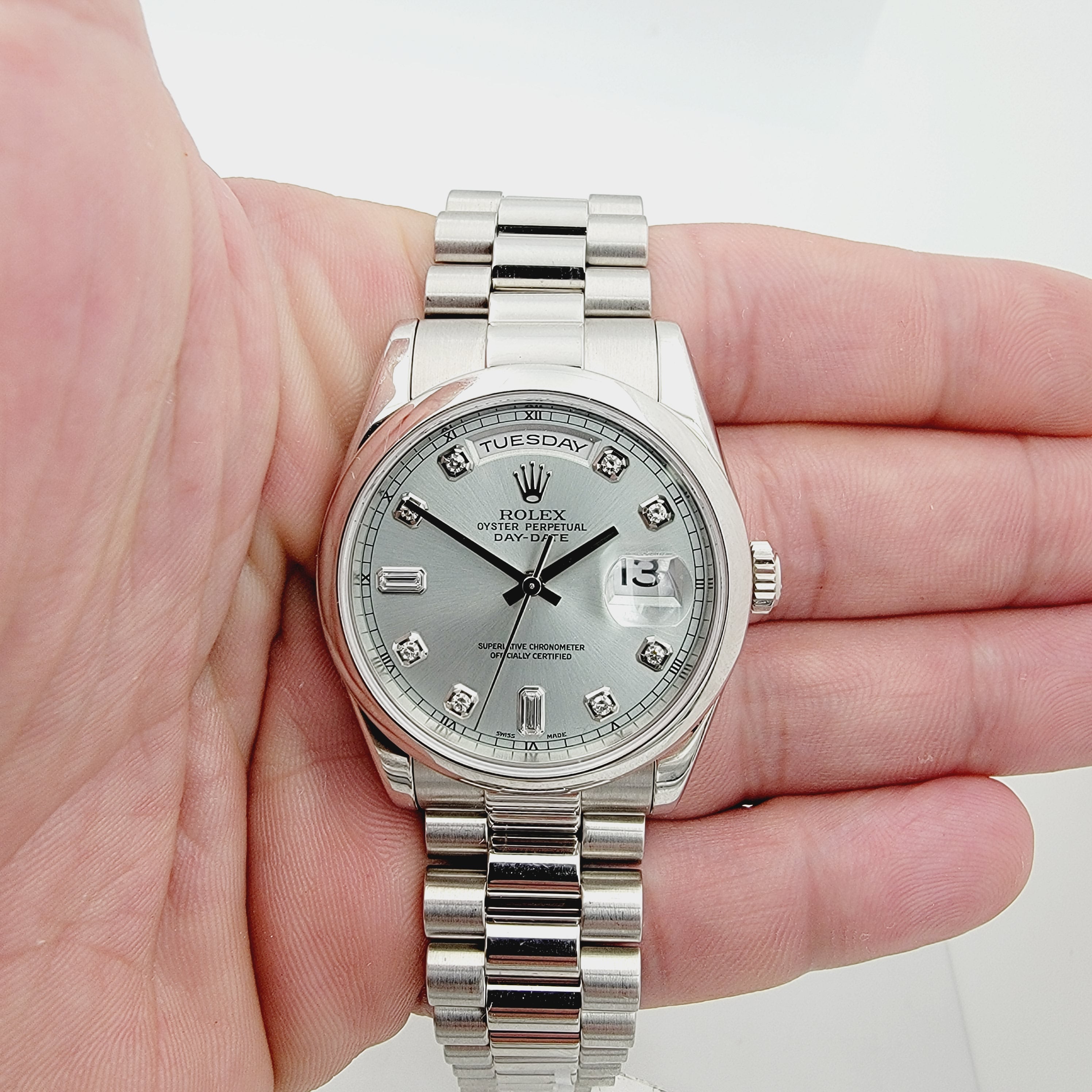 Men's Rolex 36mm Presidential Day-Date Double-Click Platinum Watch with Ice Blue Diamond Dial and Smooth Bezel. (Pre-Owned M118206)