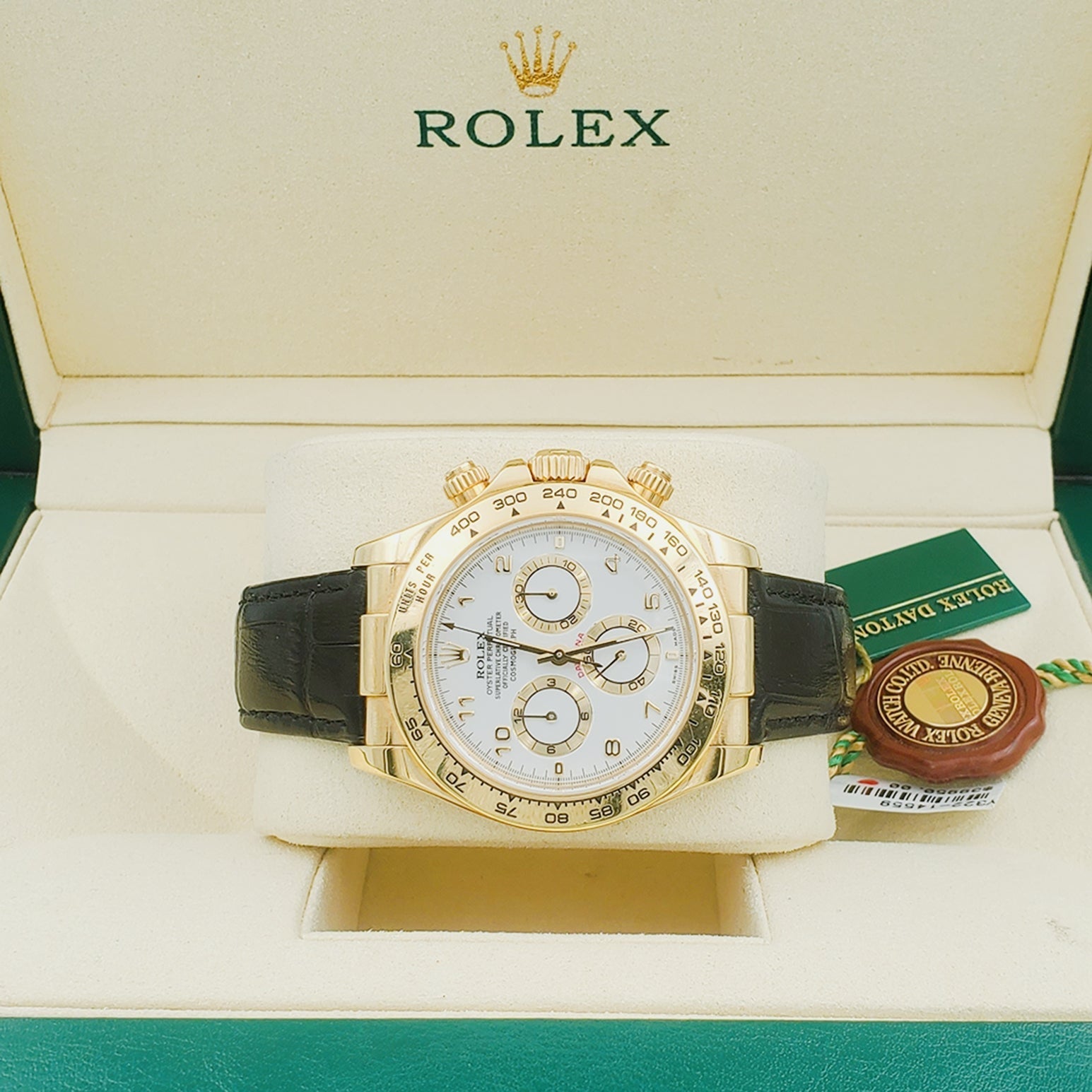 Men's Rolex 40mm Daytona 18K Yellow Gold Watch with Black Leather Strap and White Dial. (Pre-Owned 116518)