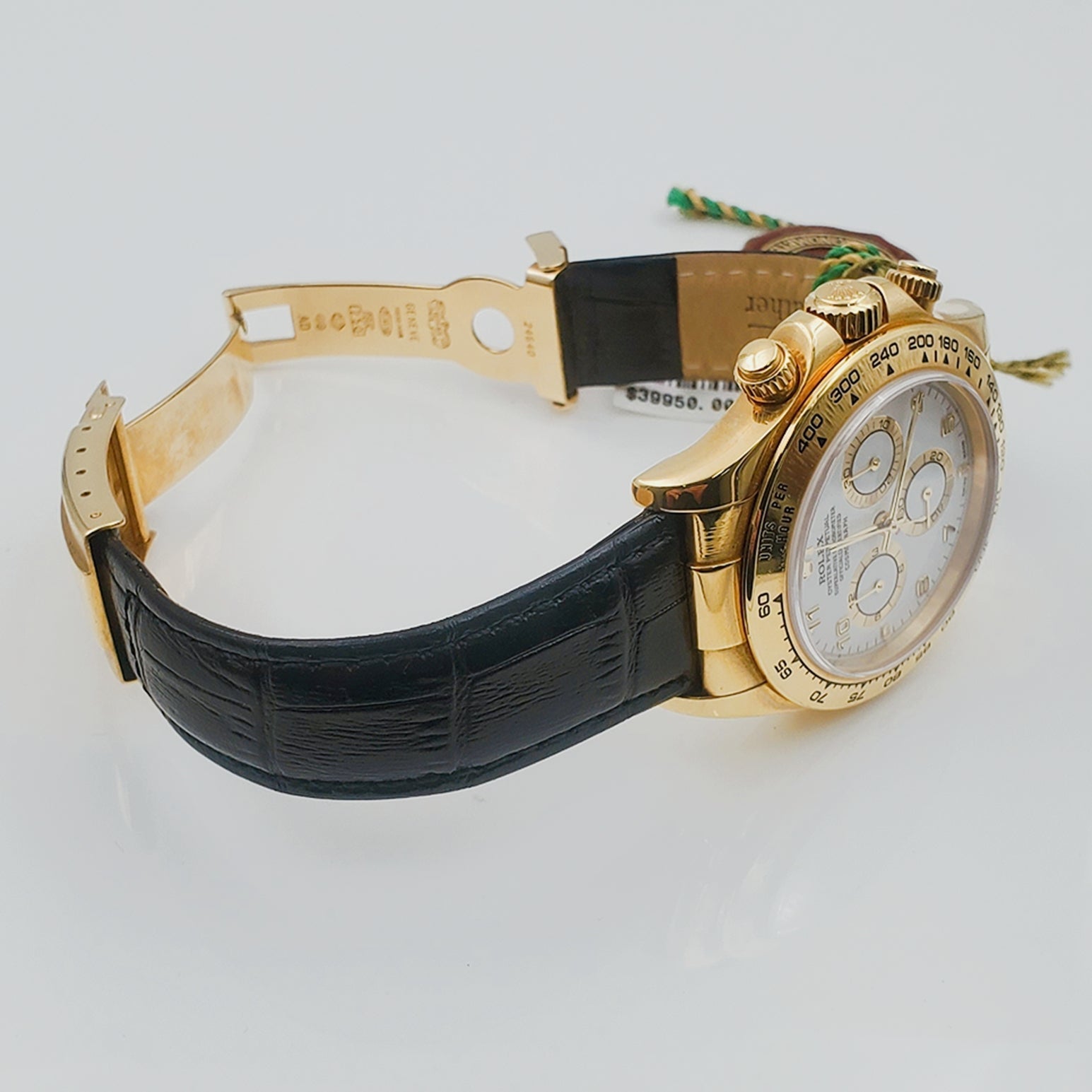 Men's Rolex 40mm Daytona 18K Yellow Gold Watch with Black Leather Strap and White Dial. (Pre-Owned 116518)