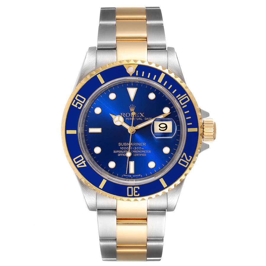 1999 Men's Rolex 40mm Submariner Oyster Perpetual Two Tone 18K Yellow Gold / Stainless Steel Watch with Blue Dial and Blue Bezel. 6613