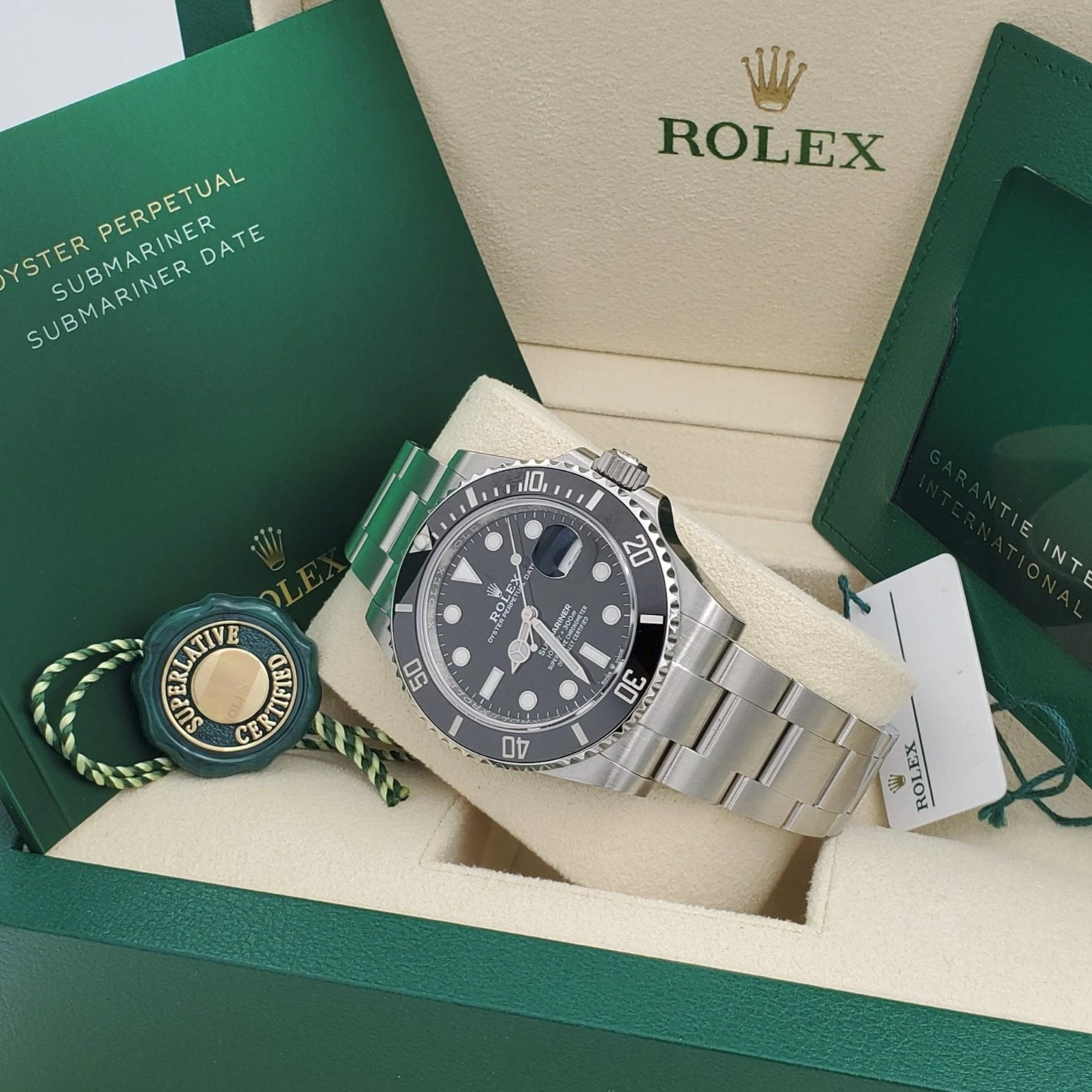 2015 Men's Rolex 40mm Submariner Date Oyster Perpetual Stainless Steel Watch with Black Dial and Black Bezel. (Pre-Owned Box/Card 116610LN)