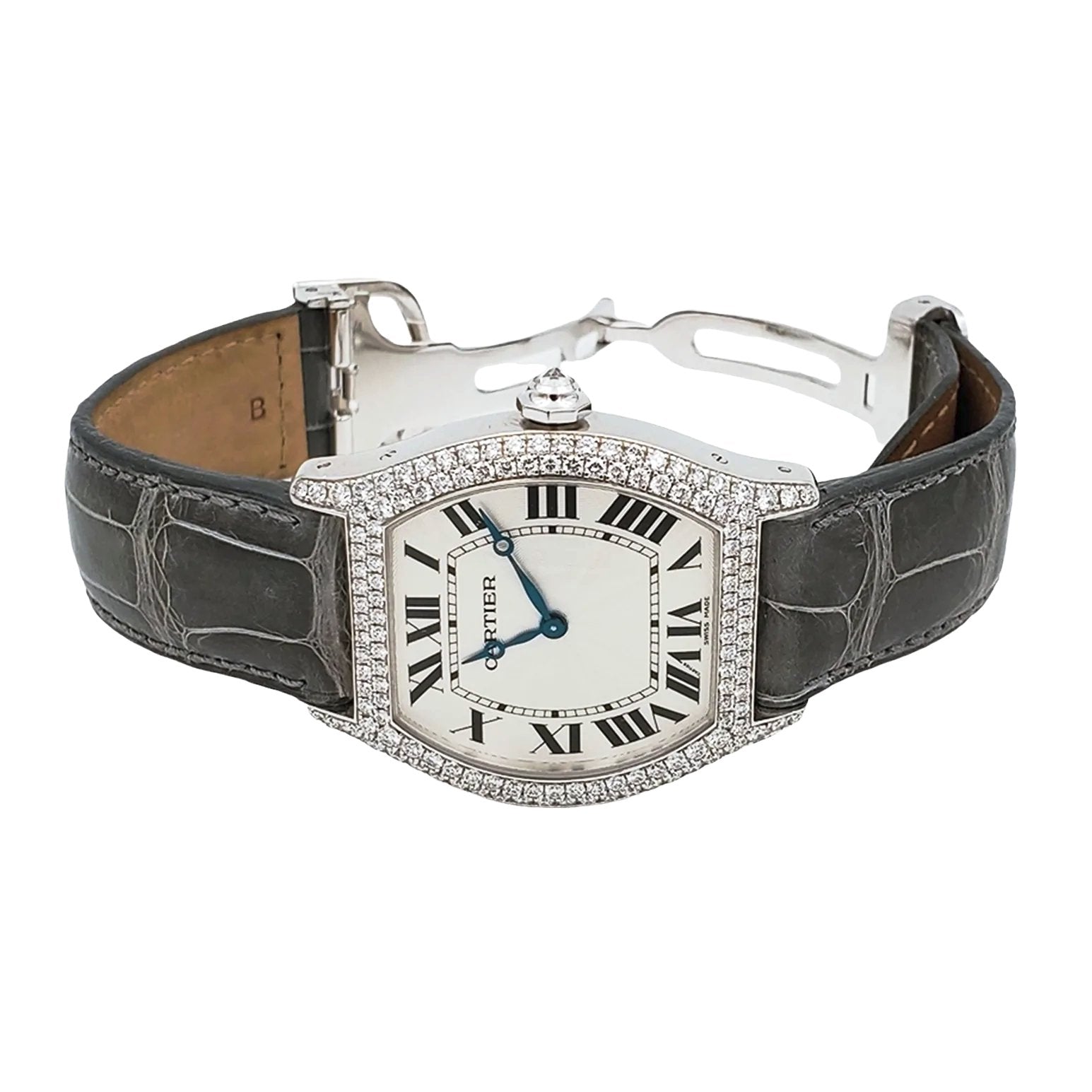 Ladies Cartier Tortue 18K White Gold Watch with Green Leather Band, White Dial and Diamond Bezel. (Pre-Owned)