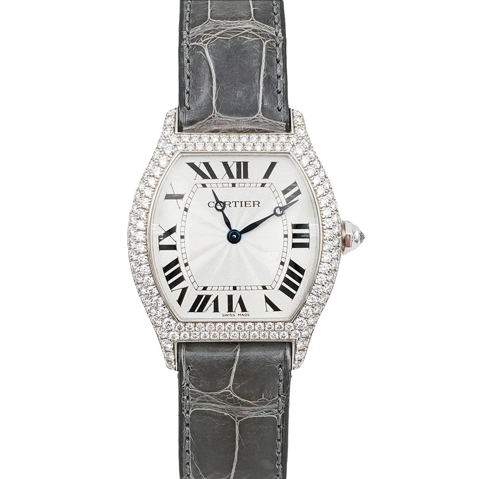 Ladies Cartier Tortue 18K White Gold Watch with Green Leather Band, White Dial and Diamond Bezel. (Pre-Owned)