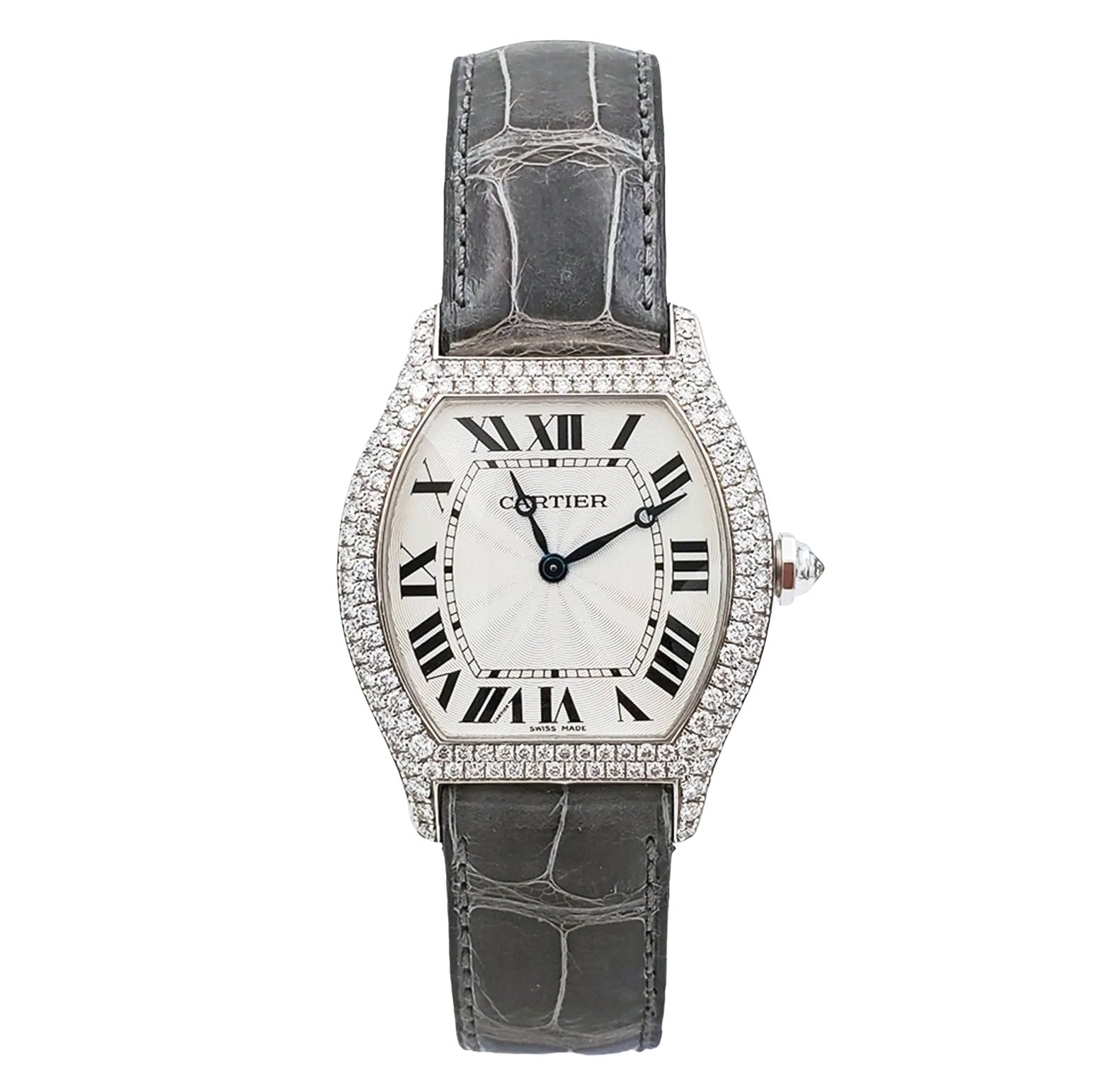 Ladies Cartier Tortue 18K White Gold Watch with Green Leather Band, White Dial and Diamond Bezel. (Pre-Owned)