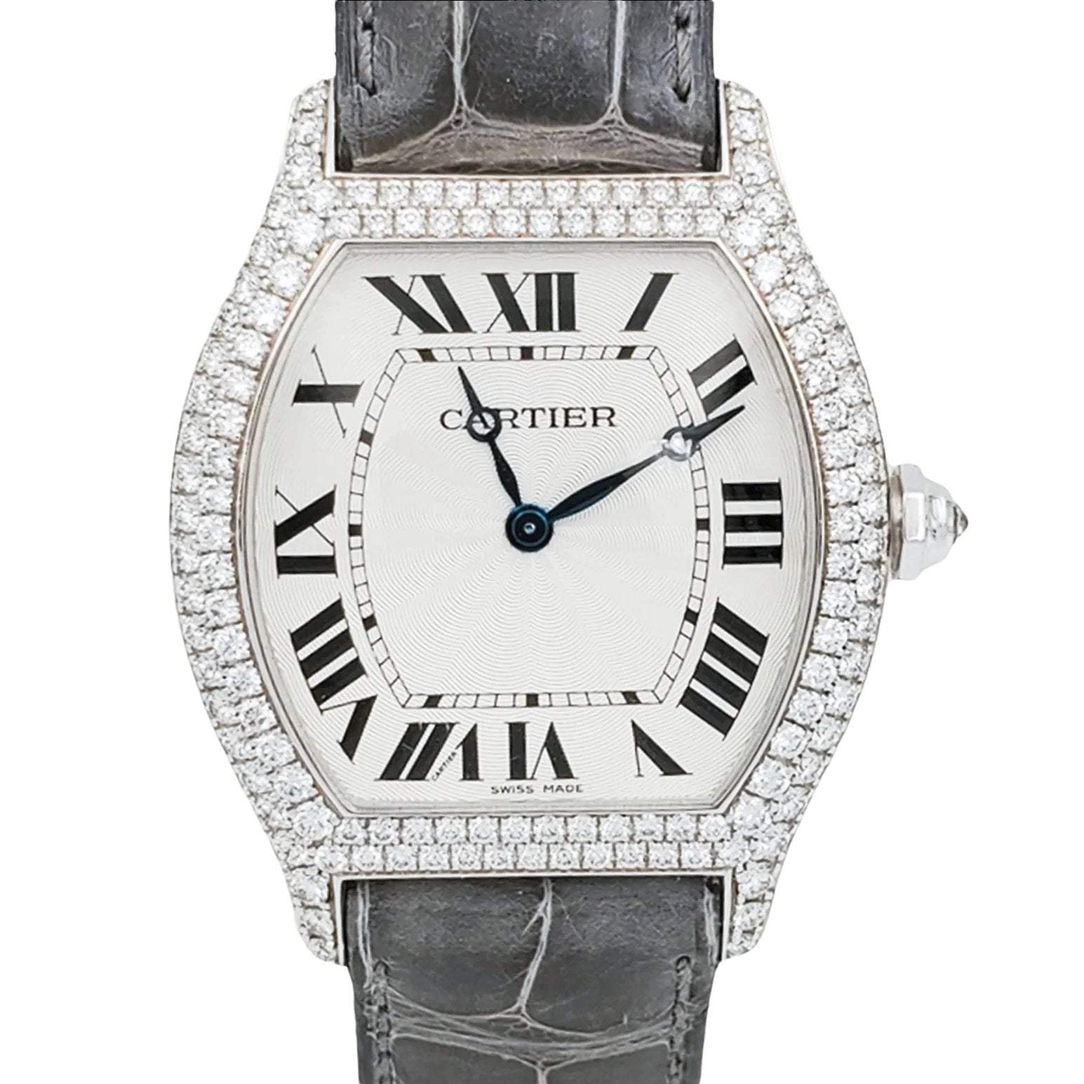 Ladies Cartier Tortue 18K White Gold Watch with Green Leather Band, White Dial and Diamond Bezel. (Pre-Owned)