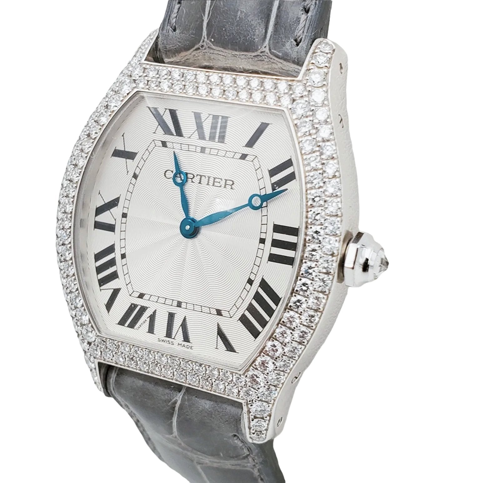 Ladies Cartier Tortue 18K White Gold Watch with Green Leather Band, White Dial and Diamond Bezel. (Pre-Owned)