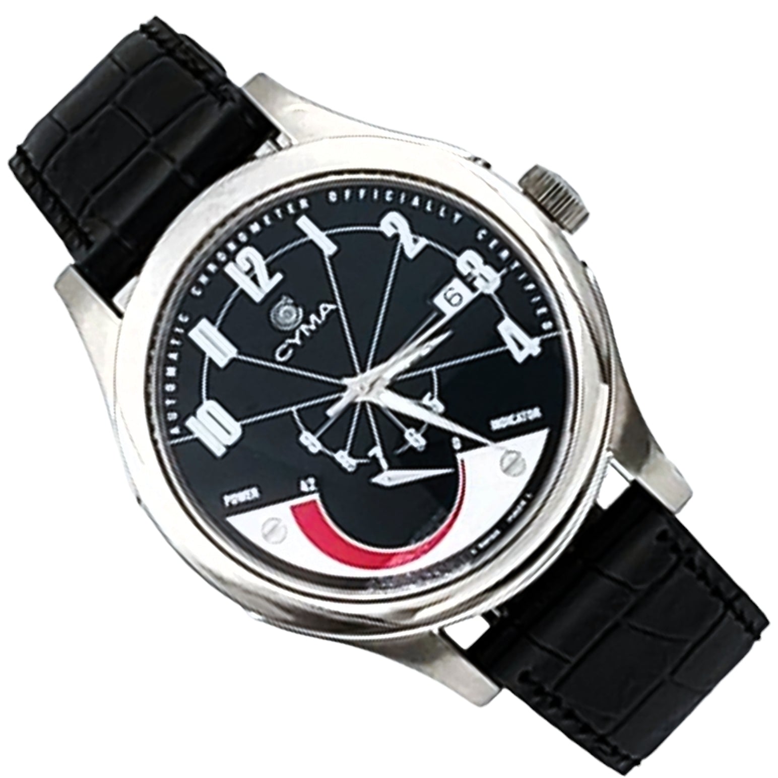 Men's CYMA Chronometer 40mm Imperium XL Stainless Steel Watch with Black Leather Band and Black Dial. (Pre-Owned)