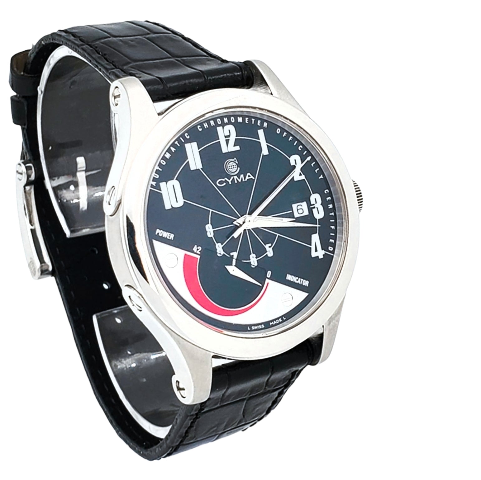 Men's CYMA Chronometer 40mm Imperium XL Stainless Steel Watch with Black Leather Band and Black Dial. (Pre-Owned)