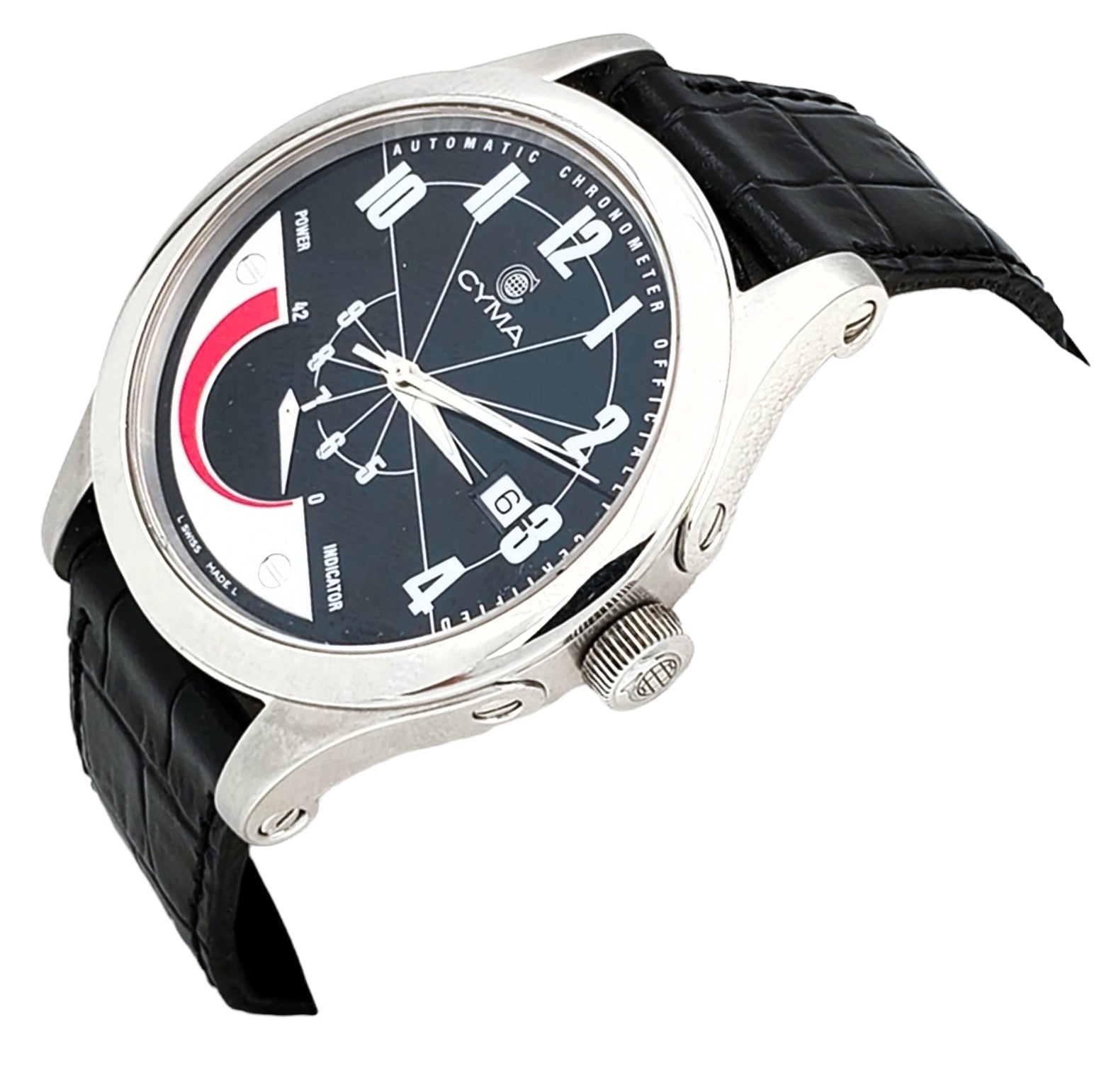 Men's CYMA Chronometer 40mm Imperium XL Stainless Steel Watch with Black Leather Band and Black Dial. (Pre-Owned)