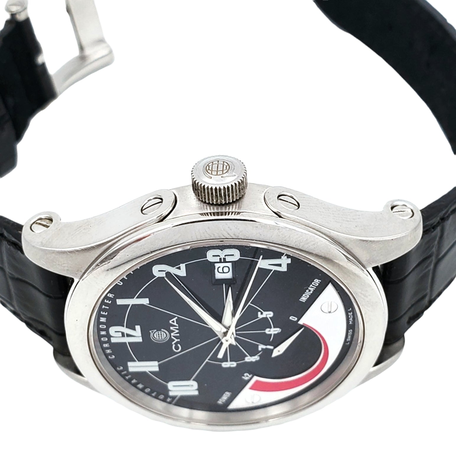 Men's CYMA Chronometer 40mm Imperium XL Stainless Steel Watch with Black Leather Band and Black Dial. (Pre-Owned)