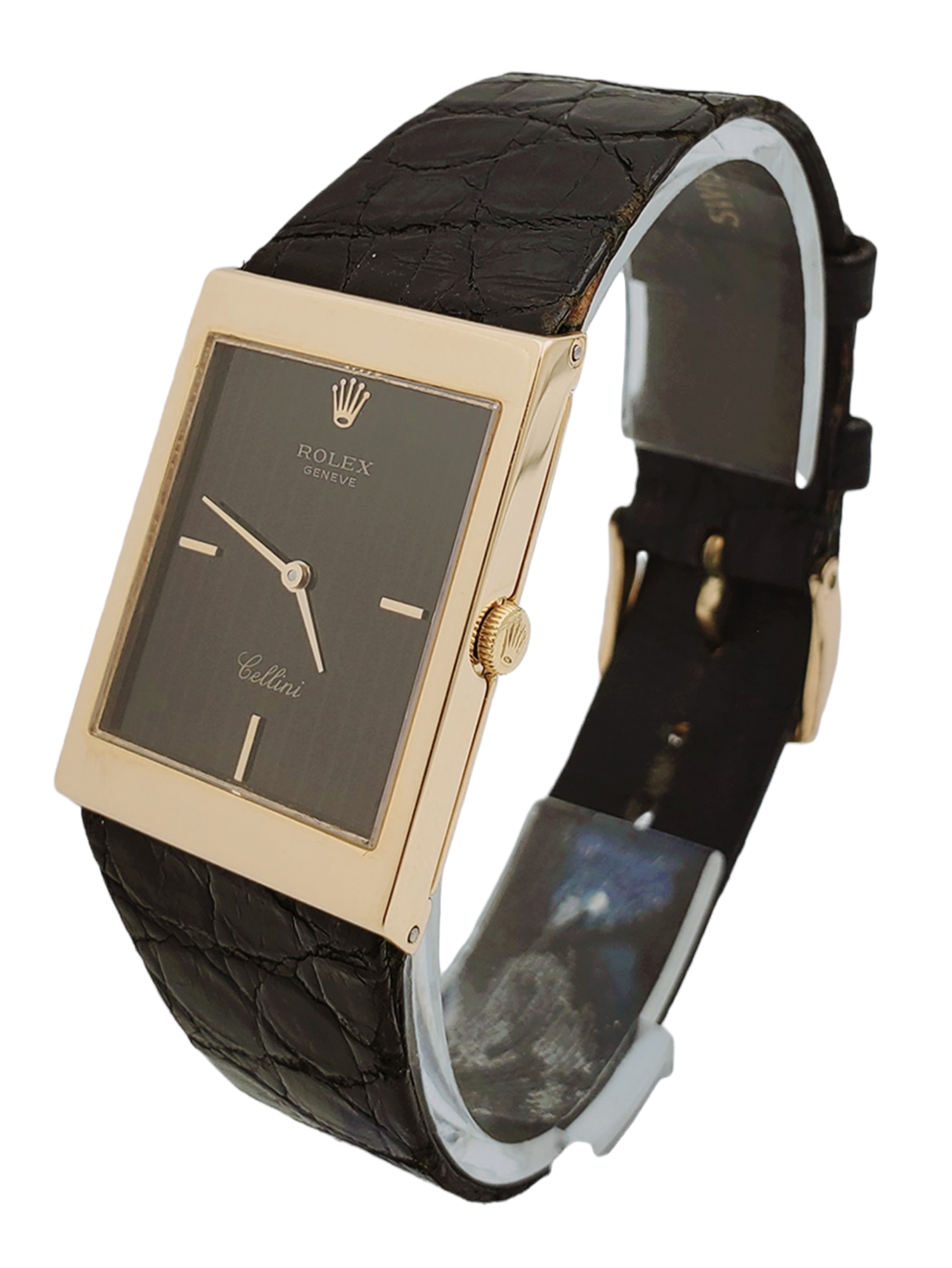 Men's Rolex Cellini Vintage 18K Yellow Gold Watch with Black Tapestry Dial and Black Leather Strap. (Pre-Owned)