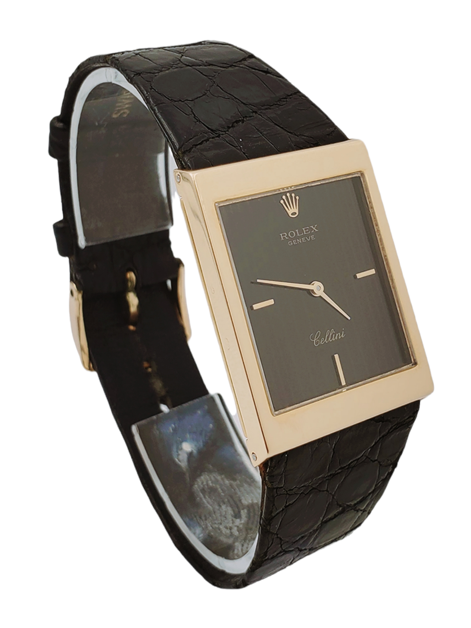 Men's Rolex Cellini Vintage 18K Yellow Gold Watch with Black Tapestry Dial and Black Leather Strap. (Pre-Owned)