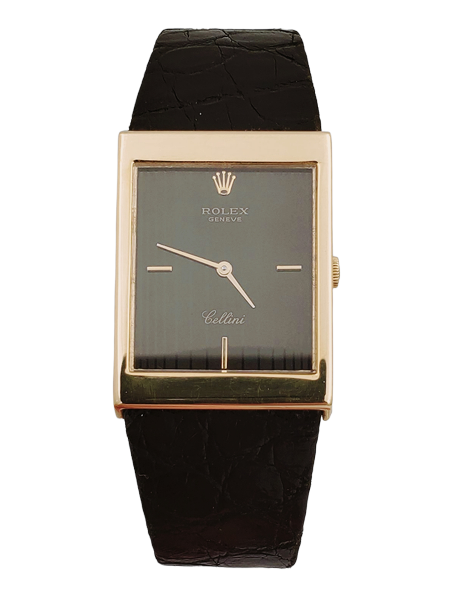 Men's Rolex Cellini Vintage 18K Yellow Gold Watch with Black Tapestry Dial and Black Leather Strap. (Pre-Owned)