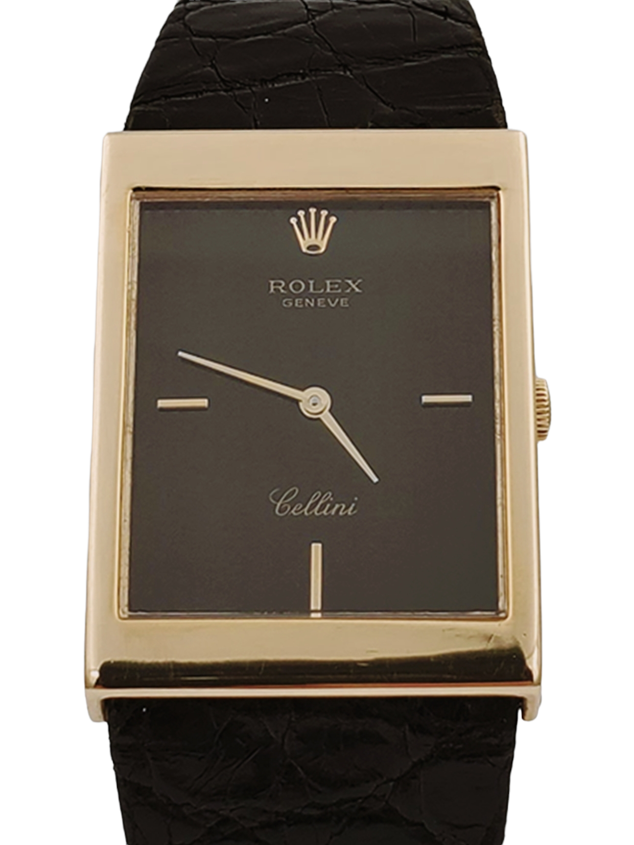 Men's Rolex Cellini Vintage 18K Yellow Gold Watch with Black Tapestry Dial and Black Leather Strap. (Pre-Owned)