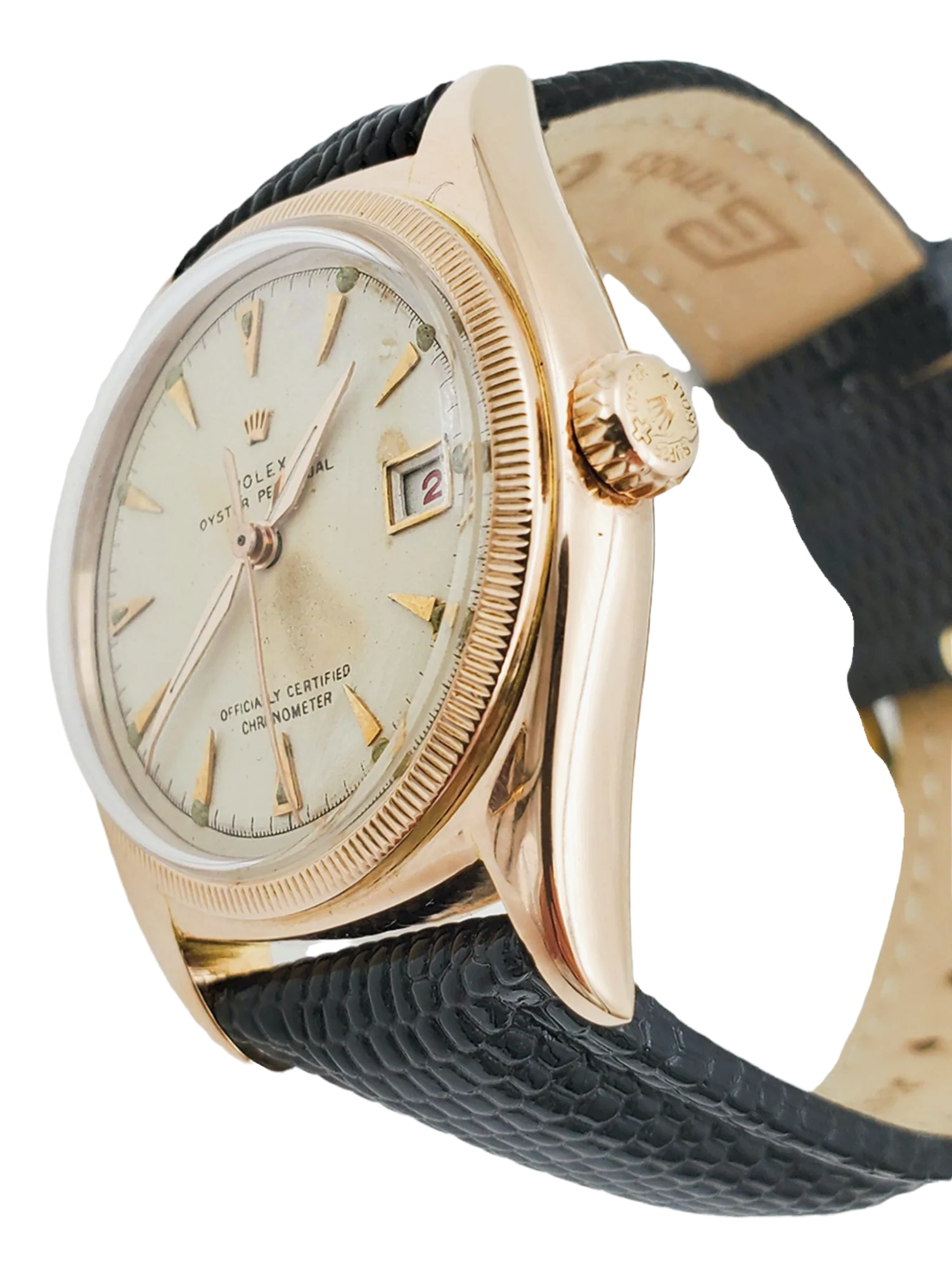 Men's Rolex 36mm Vintage 1950 Bubbleback Oyster Perpetual Rose Gold Watch with Cream Dial and Black Leather Strap. (Pre-Owned 6075)