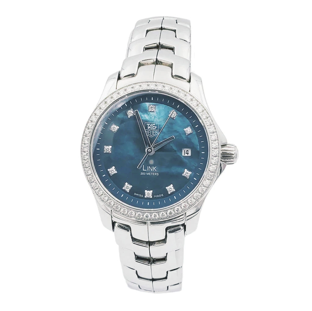 Ladies TAG Heuer Link 27mm Stainless Steel Watch with Blue Mother of Pearl Diamond Dial and Diamond Bezel. (Pre-Owned WJF131G)