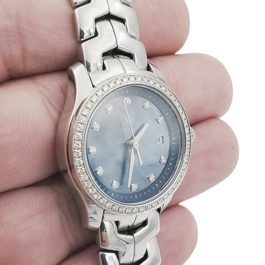 Ladies TAG Heuer Link 27mm Stainless Steel Watch with Blue Mother of Pearl Diamond Dial and Diamond Bezel. (Pre-Owned WJF131G)