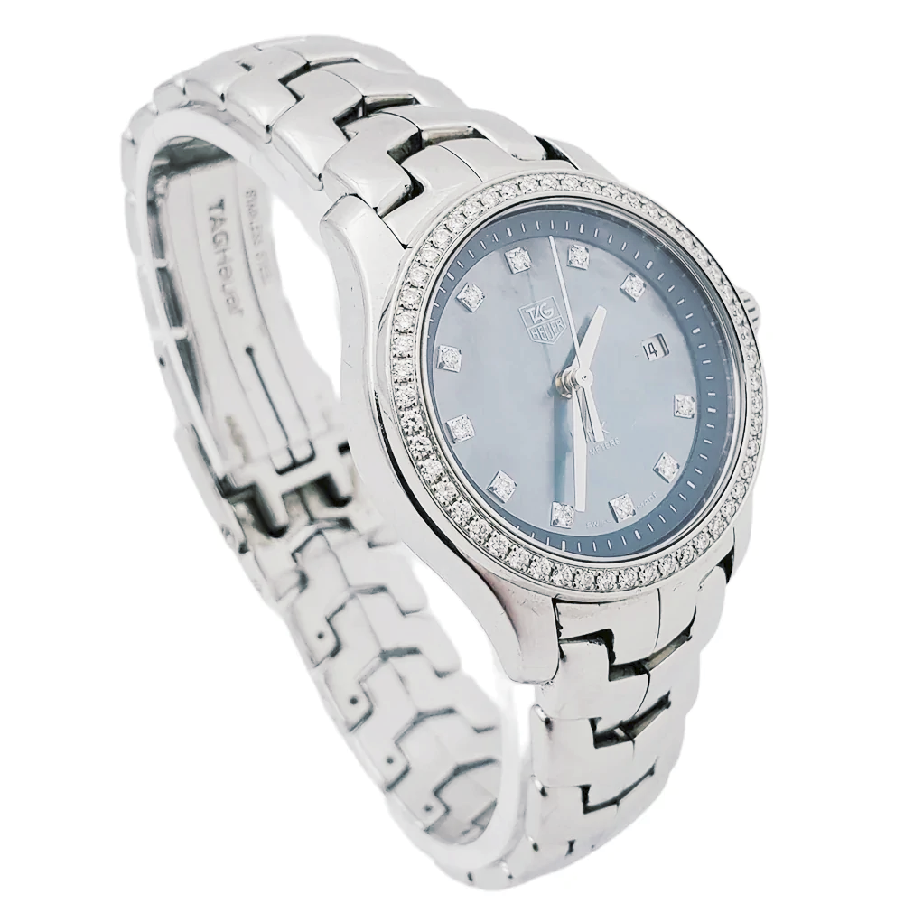 Ladies TAG Heuer Link 27mm Stainless Steel Watch with Blue Mother of Pearl Diamond Dial and Diamond Bezel. (Pre-Owned WJF131G)