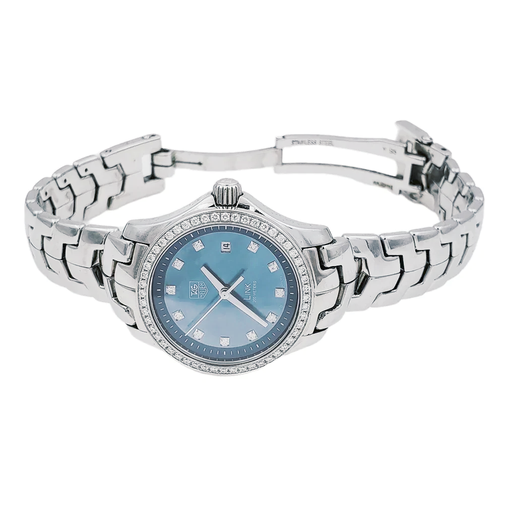 Ladies TAG Heuer Link 27mm Stainless Steel Watch with Blue Mother of Pearl Diamond Dial and Diamond Bezel. (Pre-Owned WJF131G)