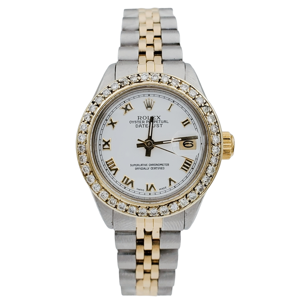 Ladies Rolex 26mm DateJust Two Tone 18K Yellow Gold / Stainless Steel Watch with White Dial and Diamond Bezel. (Pre-Owned 6917)