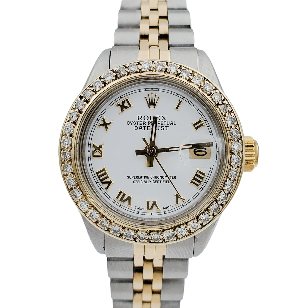 Ladies Rolex 26mm DateJust Two Tone 18K Yellow Gold / Stainless Steel Watch with White Dial and Diamond Bezel. (Pre-Owned 6917)