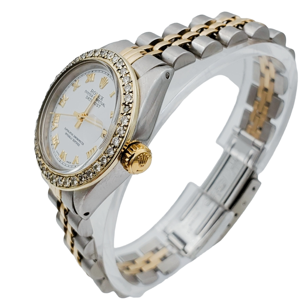 Ladies Rolex 26mm DateJust Two Tone 18K Yellow Gold / Stainless Steel Watch with White Dial and Diamond Bezel. (Pre-Owned 6917)