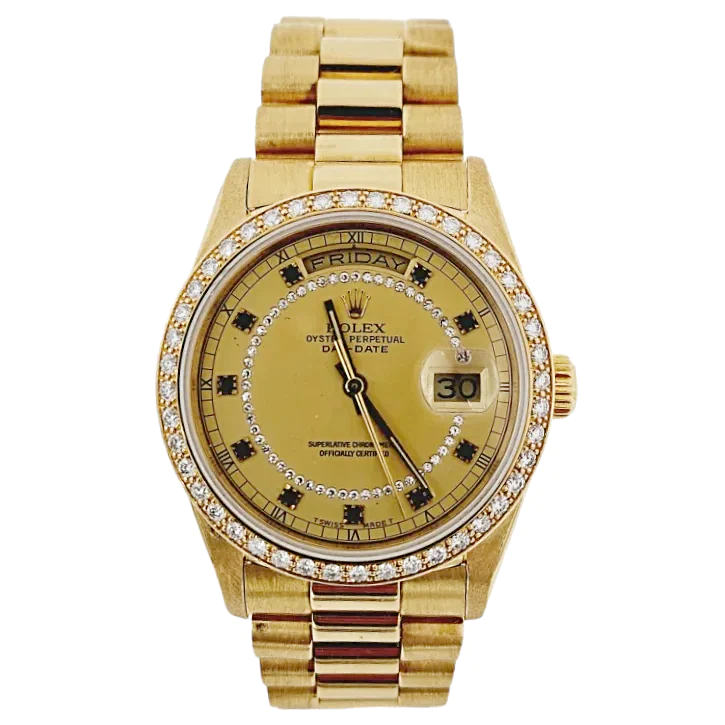 Men's Rolex 36mm Presidential 18K Yellow Gold Watch with Gold String Diamond Dial and Diamond Bezel. (Pre-Owned 18238)