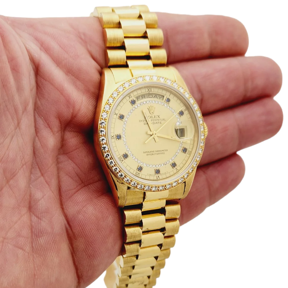 Men's Rolex 36mm Presidential 18K Yellow Gold Watch with Gold String Diamond Dial and Diamond Bezel. (Pre-Owned 18238)