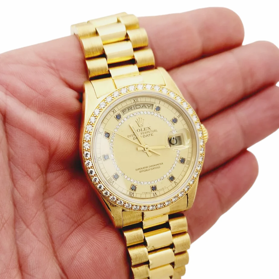 Men's Rolex 36mm Presidential 18K Yellow Gold Watch with Gold String Diamond Dial and Diamond Bezel. (Pre-Owned 18238)