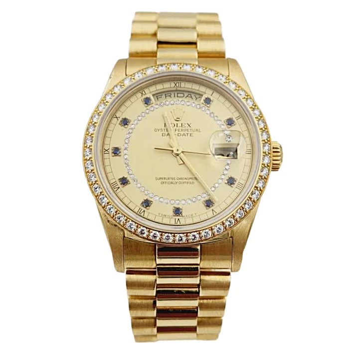 Men's Rolex 36mm Presidential 18K Yellow Gold Watch with Gold String Diamond Dial and Diamond Bezel. (Pre-Owned 18238)