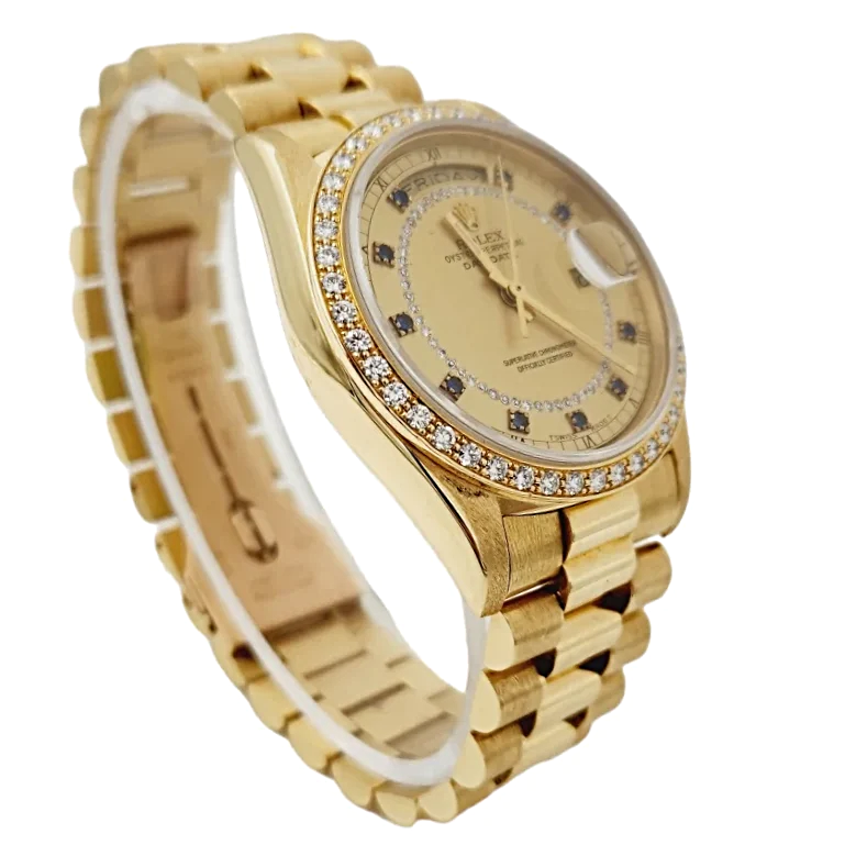 Men's Rolex 36mm Presidential 18K Yellow Gold Watch with Gold String Diamond Dial and Diamond Bezel. (Pre-Owned 18238)