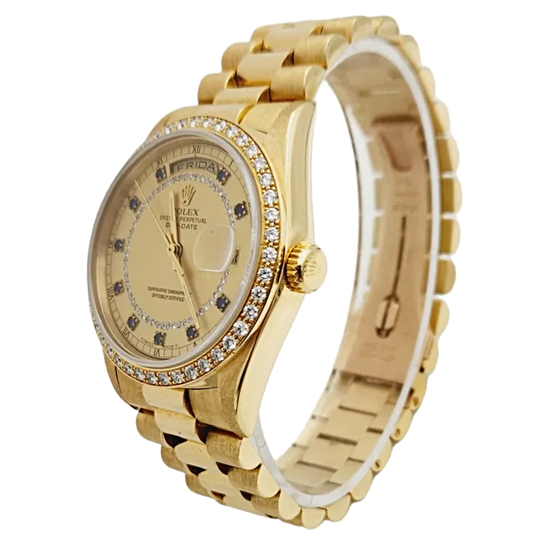 Men's Rolex 36mm Presidential 18K Yellow Gold Watch with Gold String Diamond Dial and Diamond Bezel. (Pre-Owned 18238)