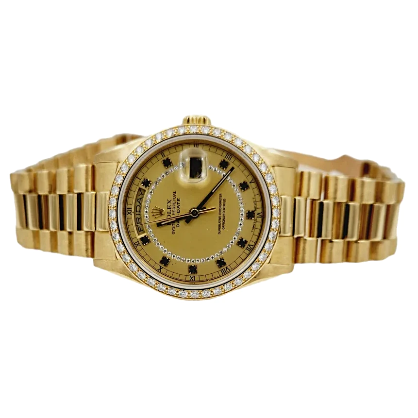 Men's Rolex 36mm Presidential 18K Yellow Gold Watch with Gold String Diamond Dial and Diamond Bezel. (Pre-Owned 18238)