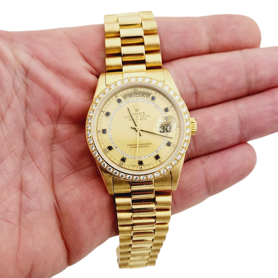 Men's Rolex 36mm Presidential 18K Yellow Gold Watch with Gold String Diamond Dial and Diamond Bezel. (Pre-Owned 18238)