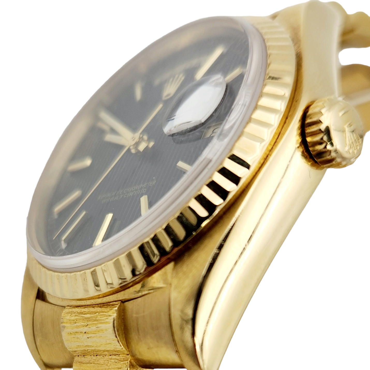 Men's Rolex 36mm Presidential 18K Yellow Gold Watch with Black Tapestry Dial and Fluted Bezel. (Pre-Owned 18030)