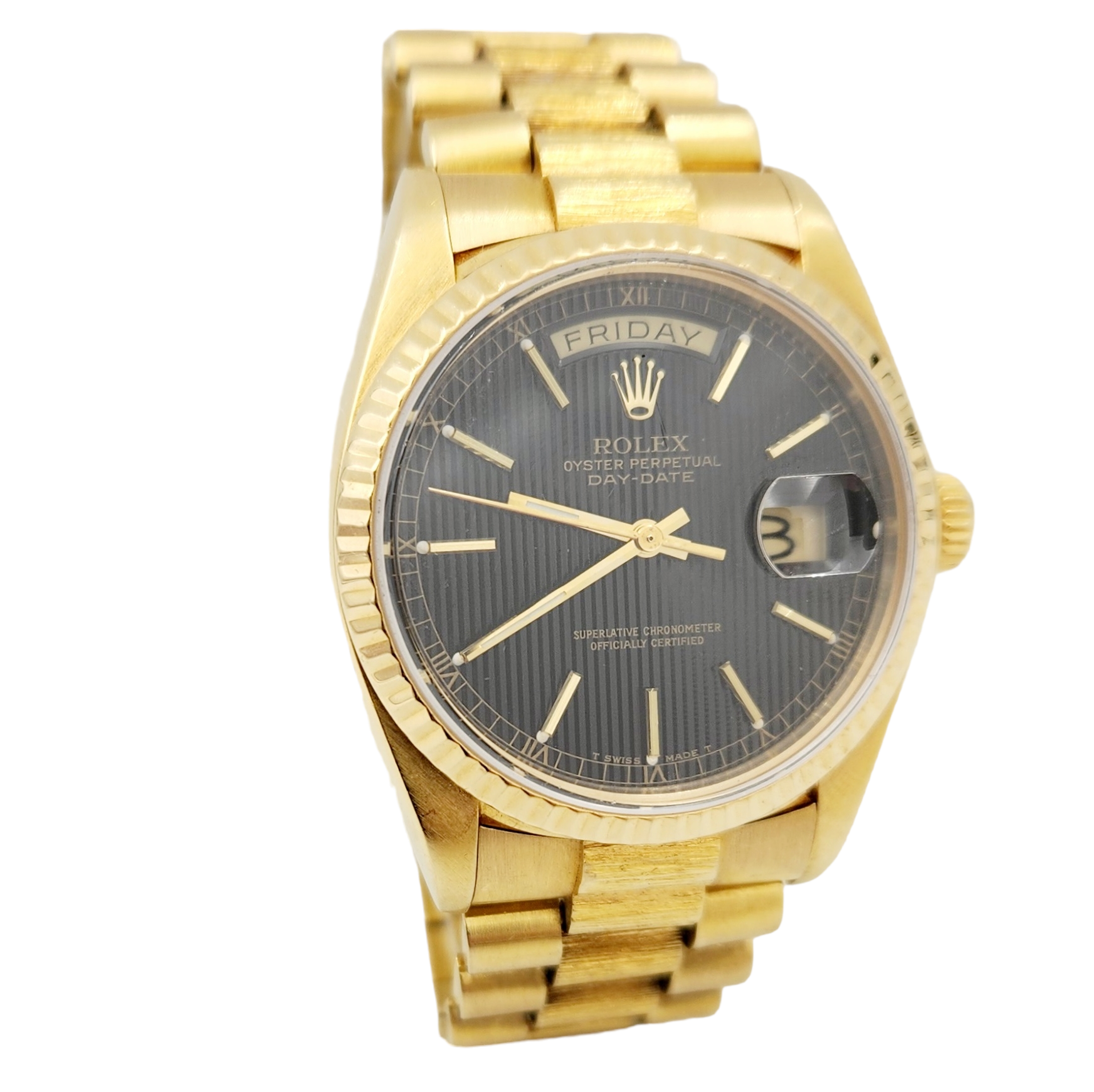 Men's Rolex 36mm Presidential 18K Yellow Gold Watch with Black Tapestry Dial and Fluted Bezel. (Pre-Owned 18030)