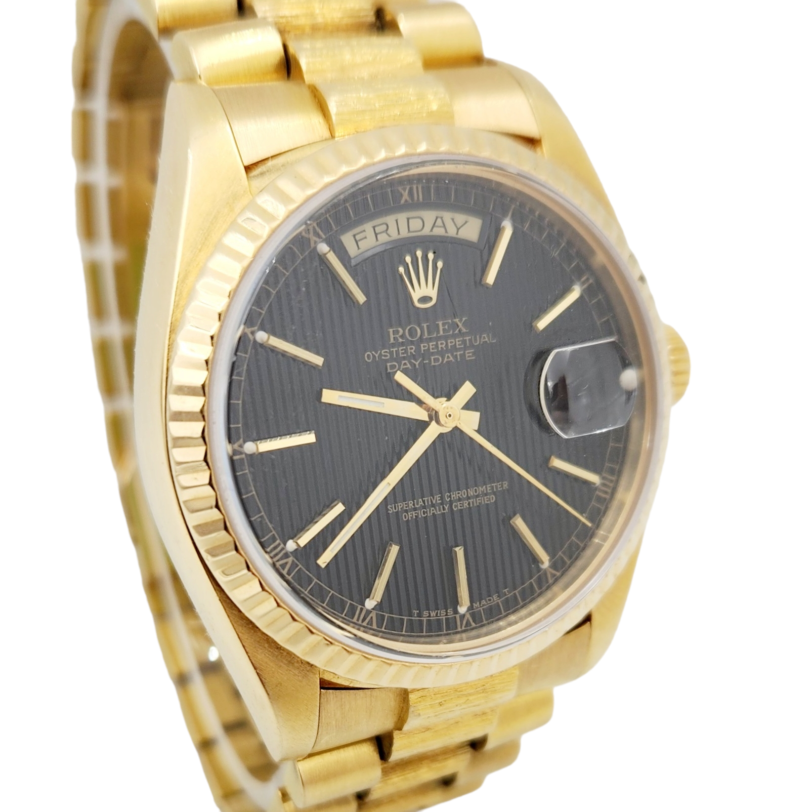 Men's Rolex 36mm Presidential 18K Yellow Gold Watch with Black Tapestry Dial and Fluted Bezel. (Pre-Owned 18030)