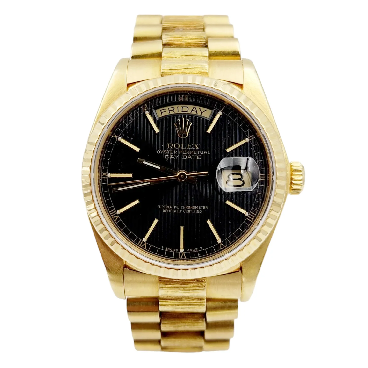 Men's Rolex 36mm Presidential 18K Yellow Gold Watch with Black Tapestry Dial and Fluted Bezel. (Pre-Owned 18030)